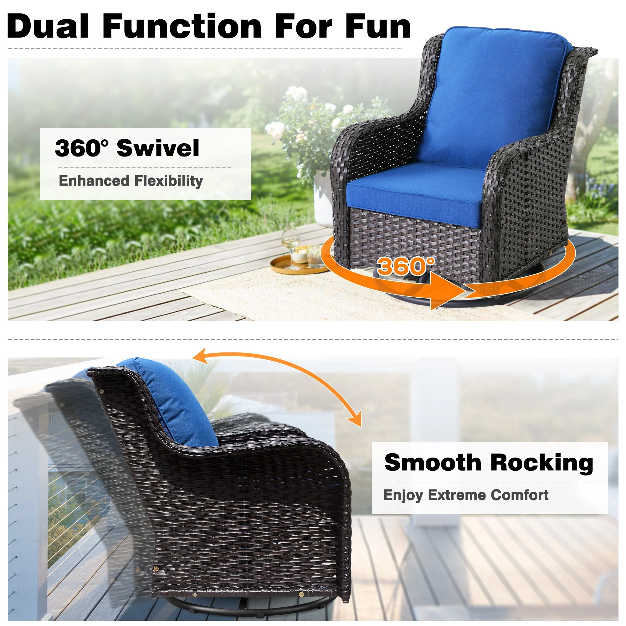 Ovios Patio Furniture Set 3-Piece with Swivel Chairs and Side Table Kenard