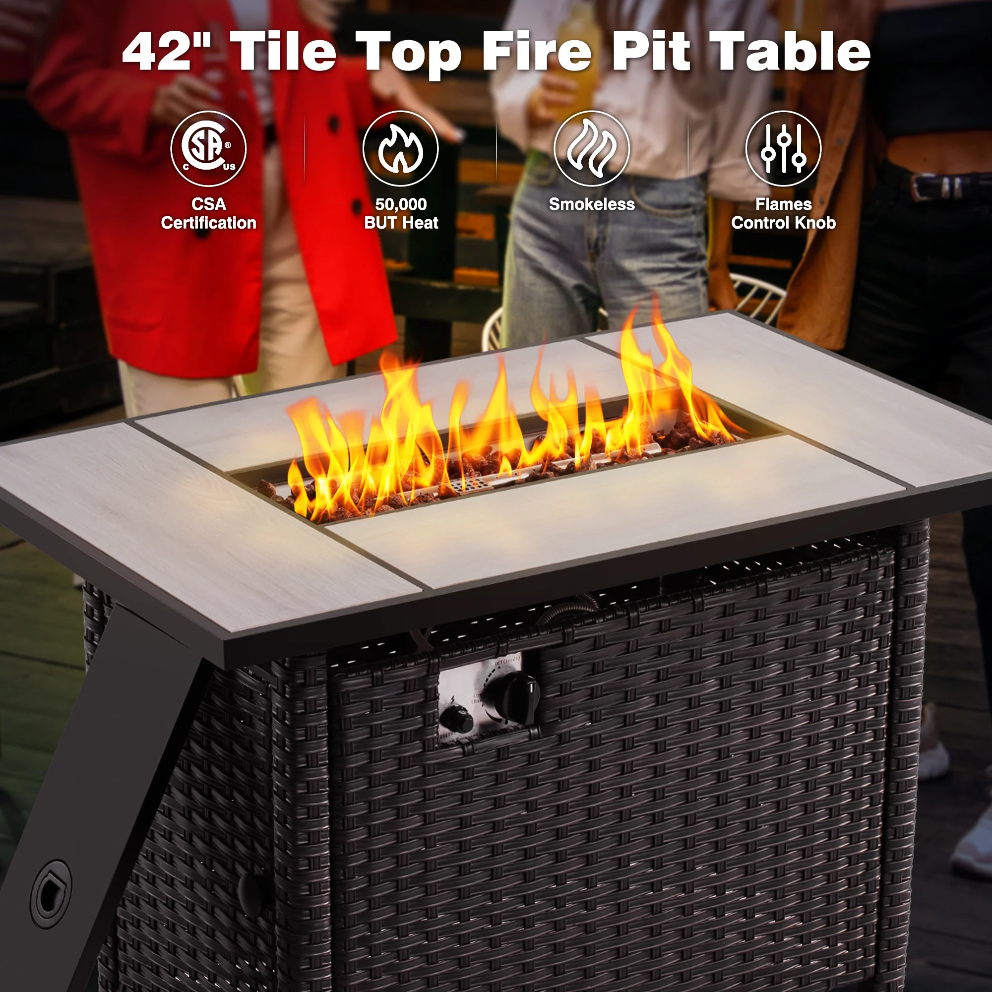 Ovios Patio 7-Piece Conversation Set with 42'' Rectangle Propane Fire Pit Table and Rocking Chairs Kenard