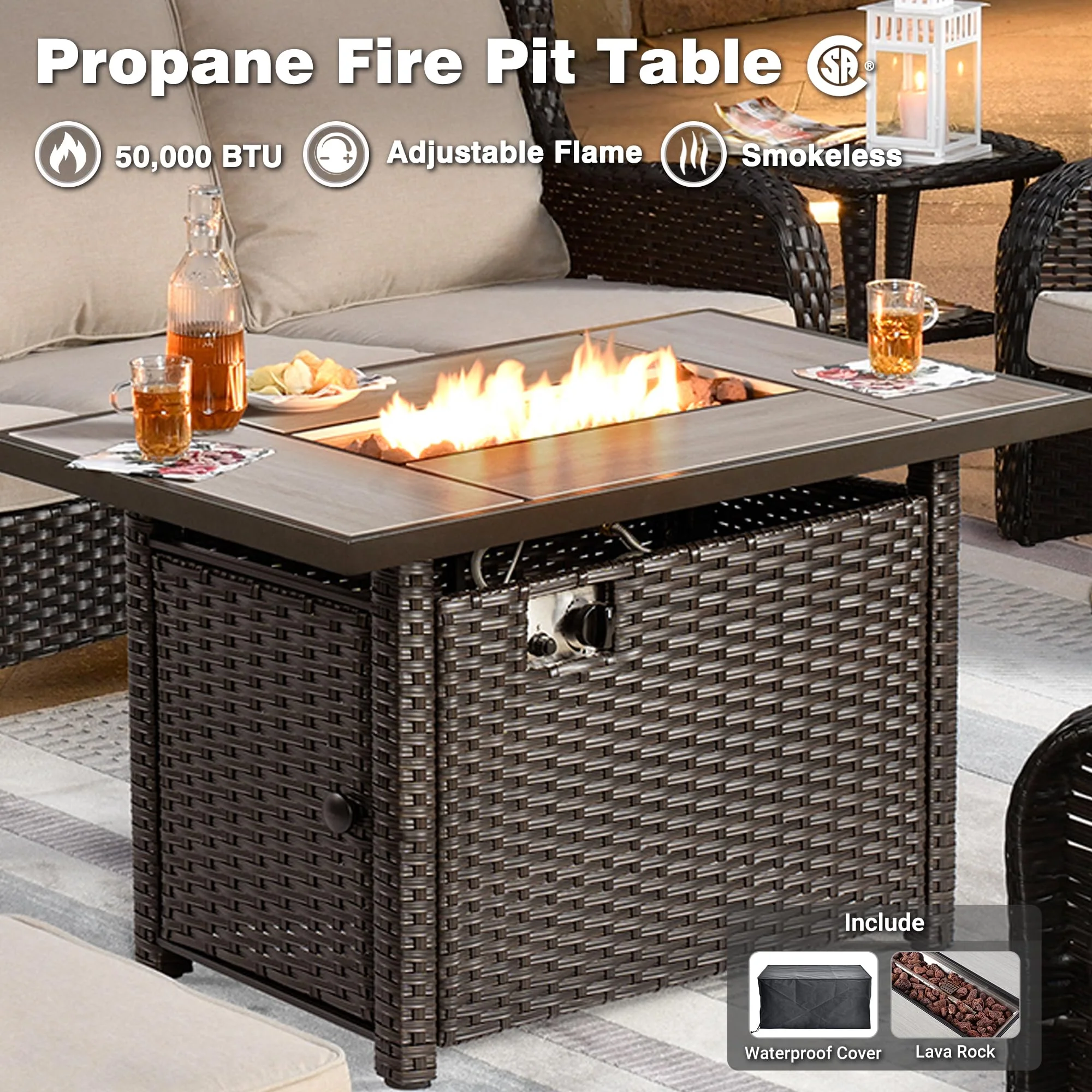 Ovios Patio 6-Piece Conversation Set with 42'' Rectangle Propane Fire Pit Table Kenard