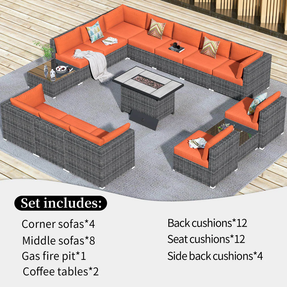Ovios Patio Furniture Set 15-Piece with 42.12'' Fire Pit and Glass Table