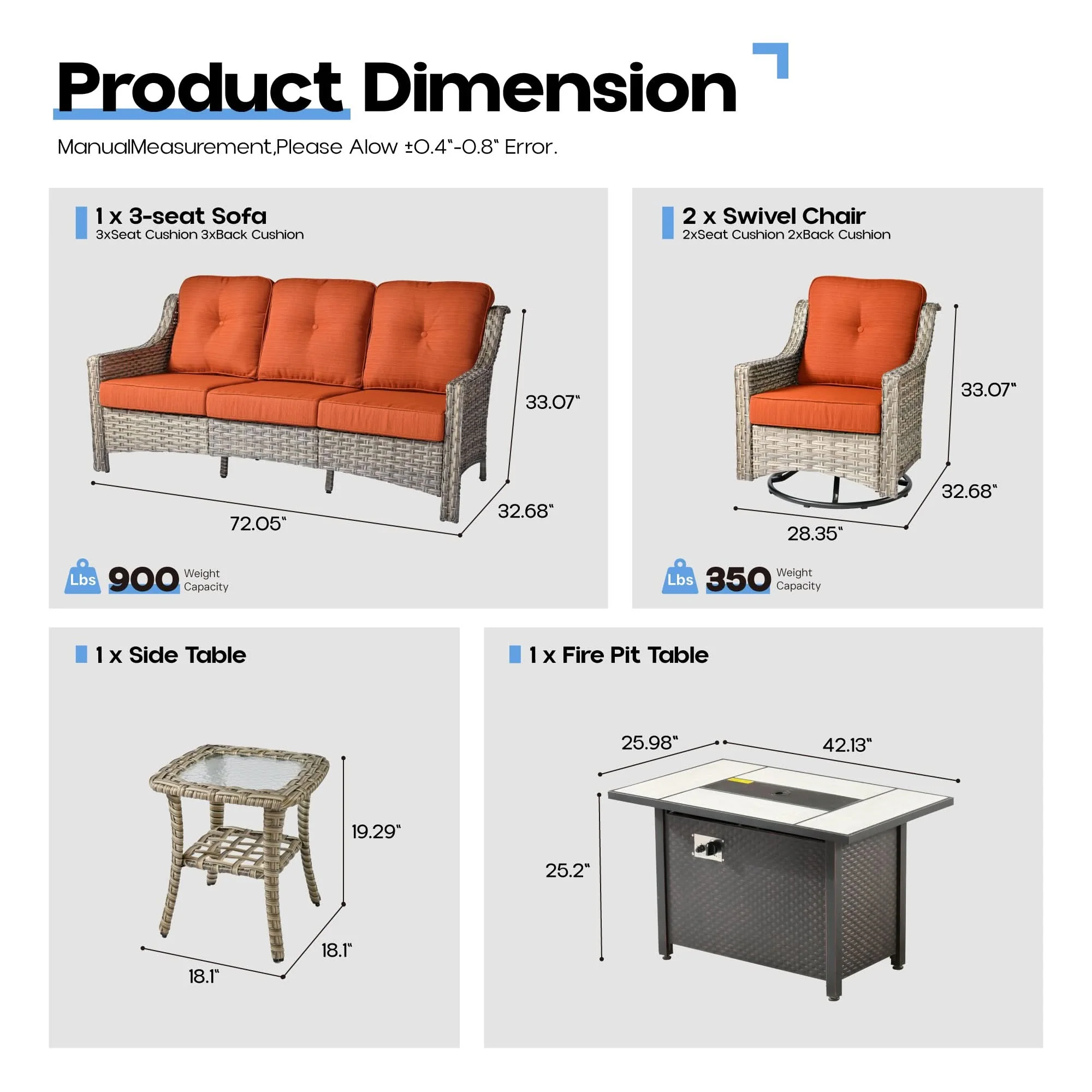 Ovios Outdoor 5 Pieces Coversation Set with 42