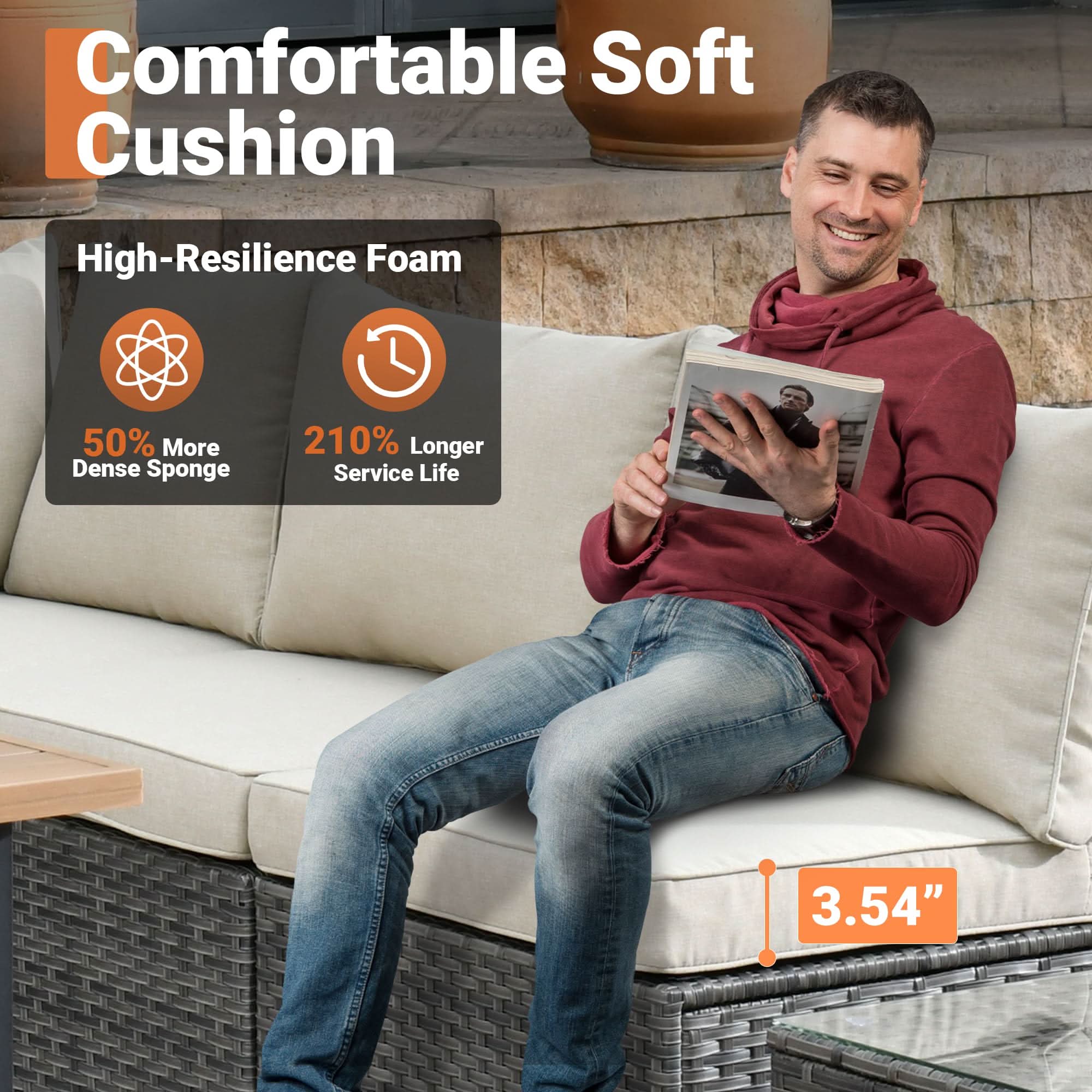 Ovios Outdoor 8 Piece Patio Furniture Set with Fire Pit Table,Conversation Sectional Wicker Couch with Coffee Table