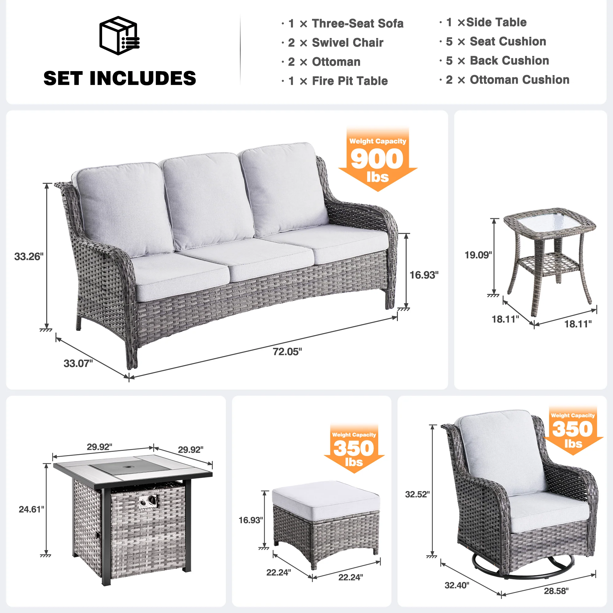 Ovios Outdoor Furniture 7-Piece with 30'' Fire Pit Table and Kenard 2 Rocking Chairs