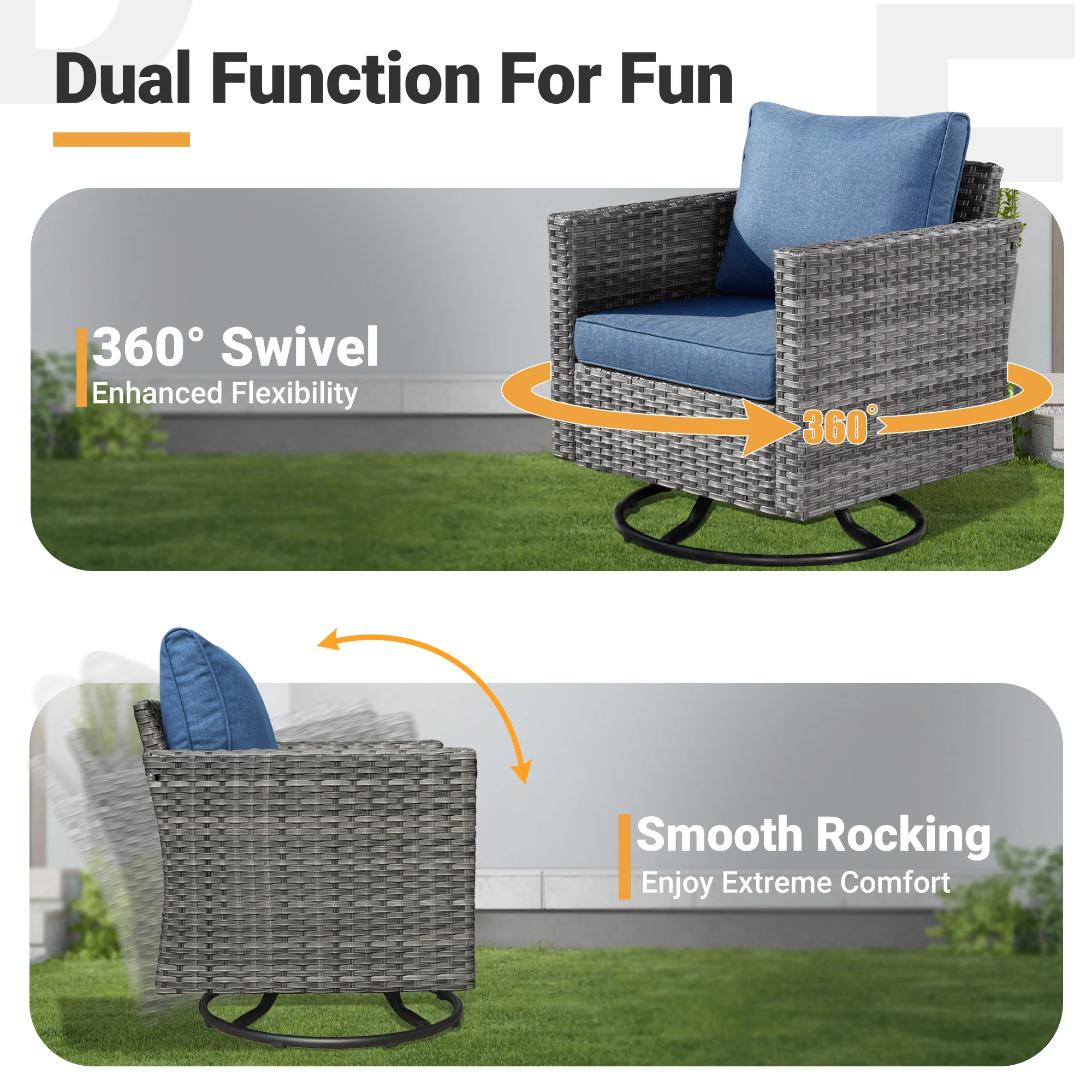 Ovios Patio Vultros 7-Piece Set With Swivel Chair and Rectangle 42'' Propane Fire Pit Table