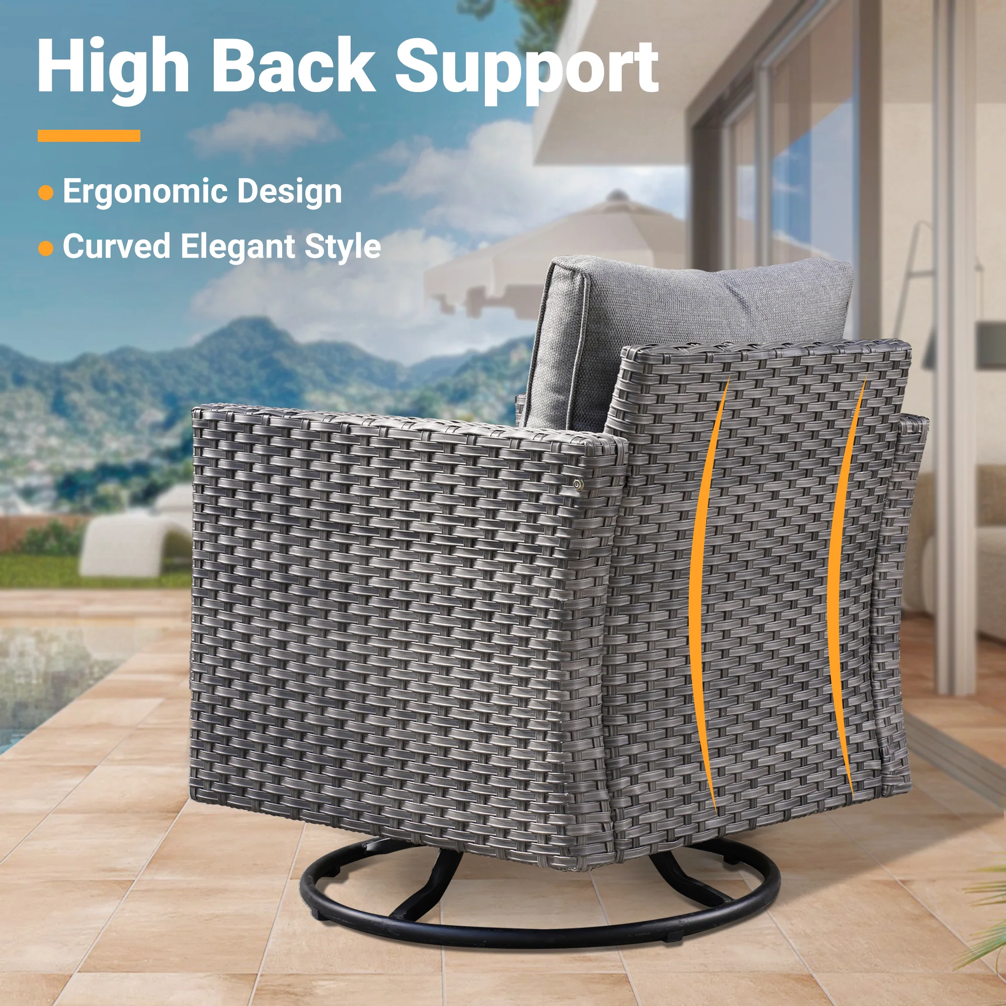 Ovios Patio Vultros 7-Piece Set With Swivel Chair and Rectangle 42'' Propane Fire Pit Table