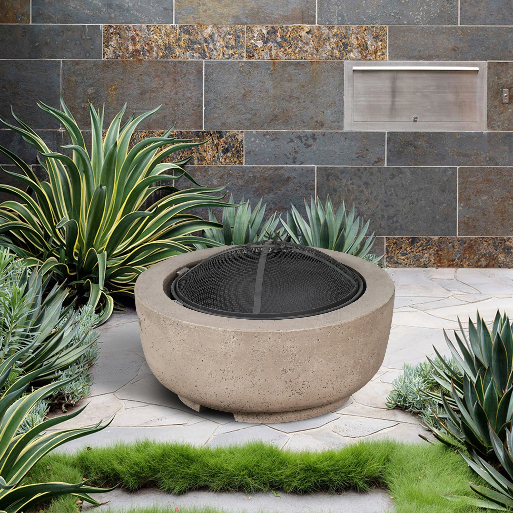 Ovios 23.62'' Round Magnesium Oxide Wood Burning Fire Pit