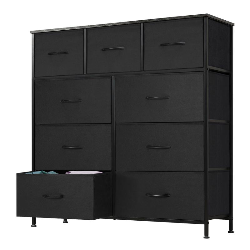 Fabric Storage Tower with 9 Drawers, Bedroom Drawer Dresser Organizer, Chest of Drawers with Fabric Bins, Steel Frame and Wood Top