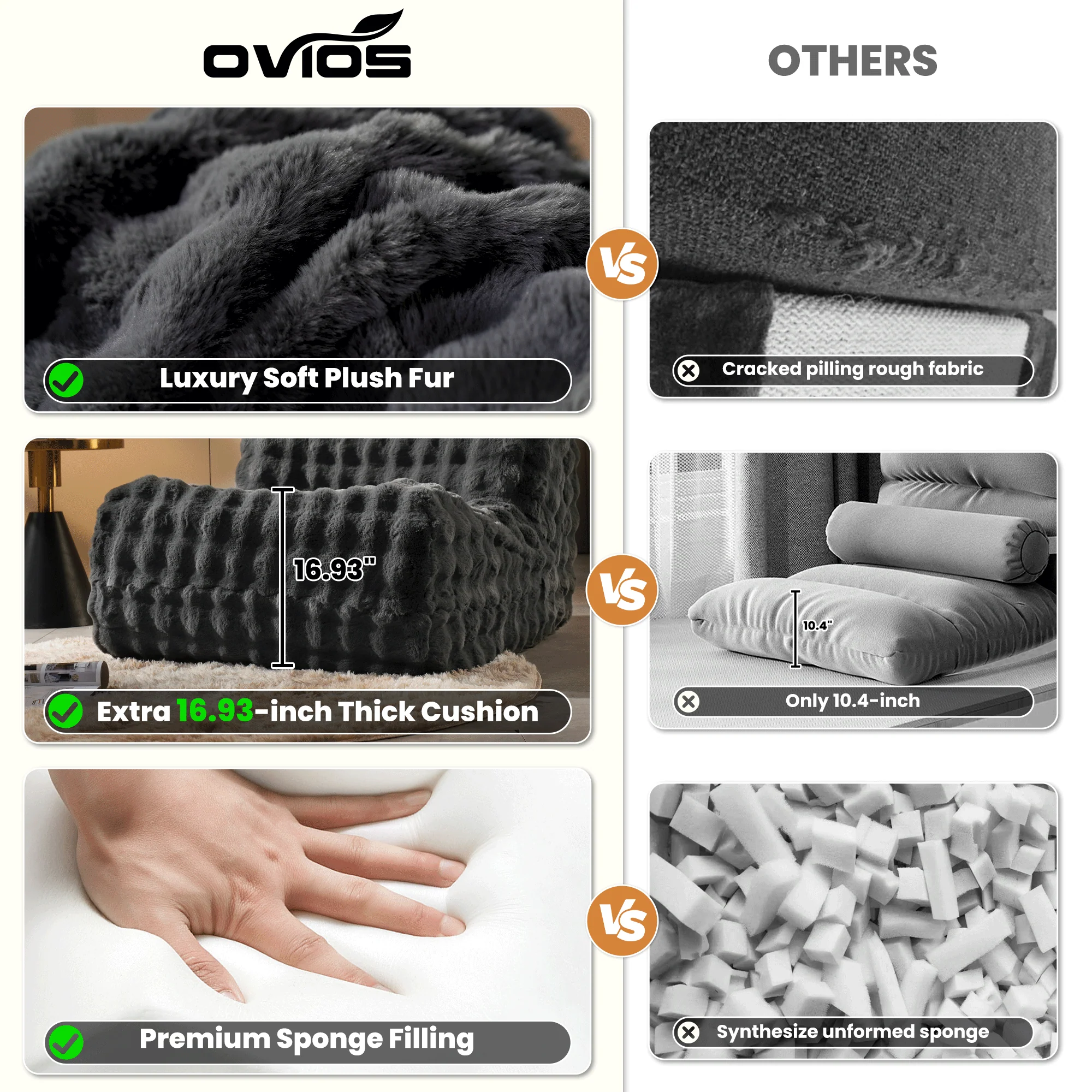 OVIOS Luxurious Fluffy Faux Fur Bean Bag Couch