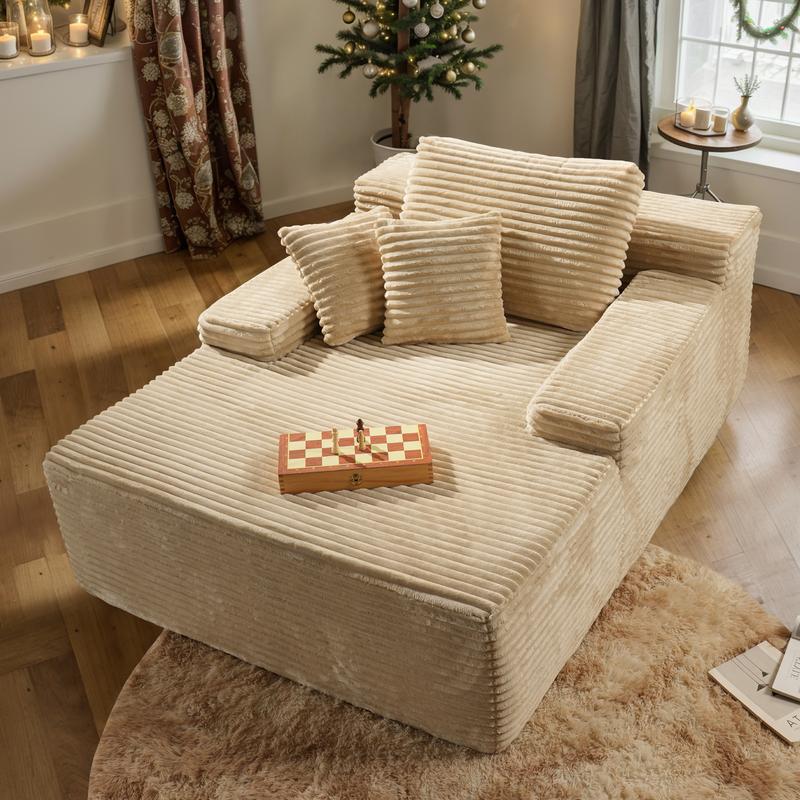 Ovios 49'' Boneless Chaise Lounge, Upholstered Sofa Bed with Throw Pillows and Armrests, Indoor Sleeper Chair- Luxurious Plush Corduroy Chair Bed for Living Room - No Assembly Required