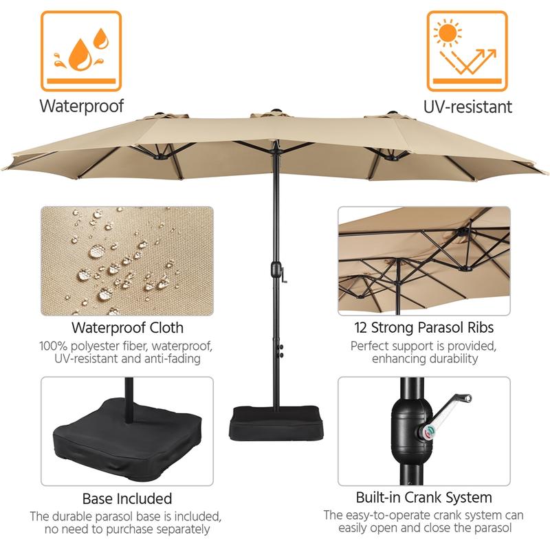 【No Lights】 Yaheetech 15/13ft Large Patio Umbrella Double-Layer Cloth with 12 Ribs, Hand Crank for Easy Opening, 2 Sandbags, Outdoor Design for Garden, Pool, and Lawn