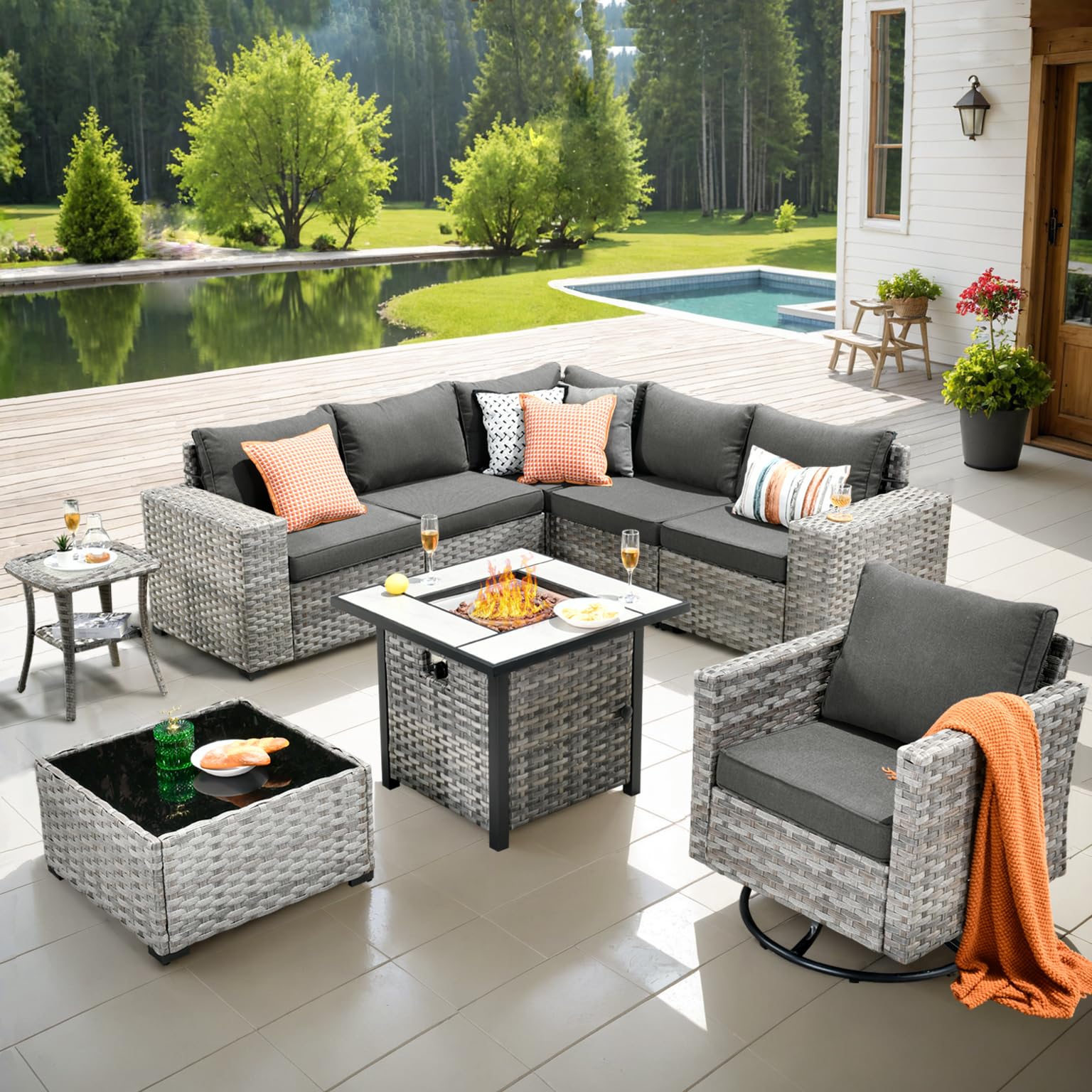 Ovios 9 Pieces Patio Furniture Set, Outdoor Sectional Sofa with Swivel Rocking Chair, 30