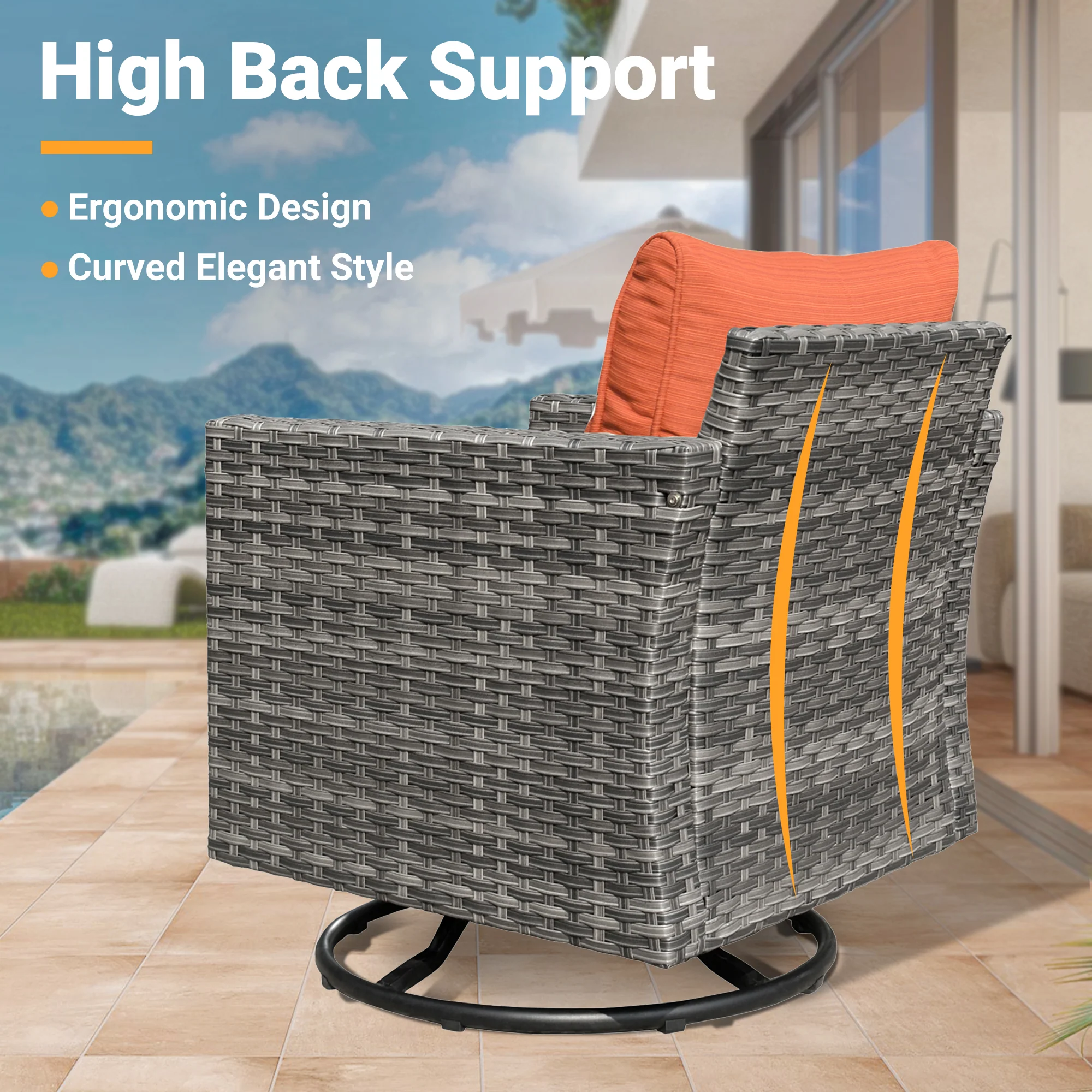 Ovios Patio Vultros 7-Piece Set With Swivel Chair and Rectangle 42'' Propane Fire Pit Table