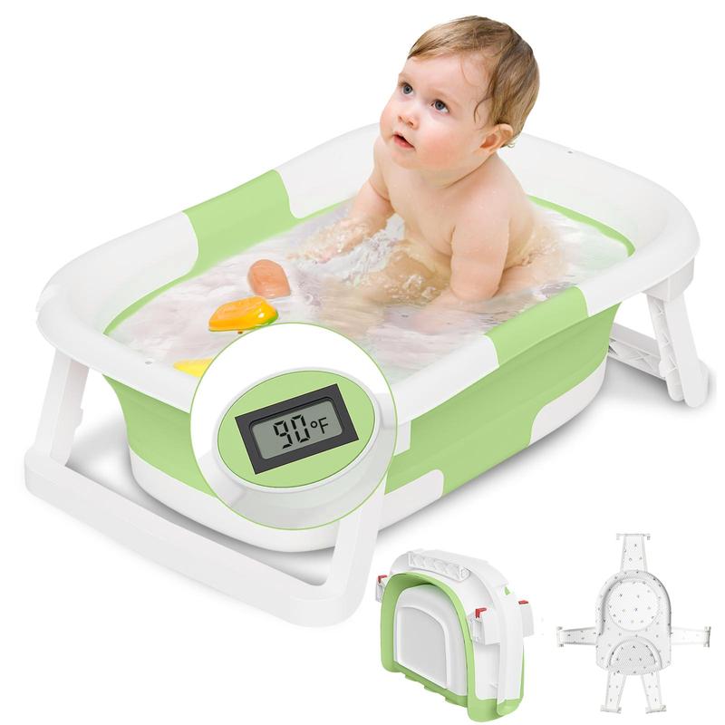Napei Collapsible Baby Bathtub with Real-Time Temp Monitor, Floating Cushion, Foldable Baby Bath Tub Set for Newborns & Toddlers