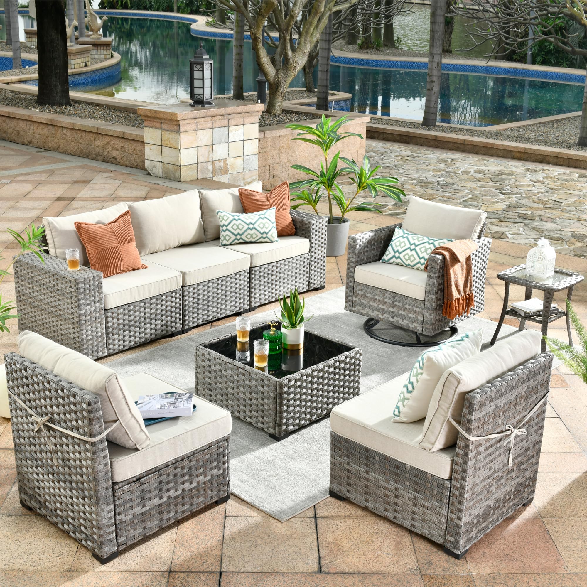 Ovios 8 Pieces Patio Furniture Set, Outdoor Sectional Sofa with Swivel Rocking Chair