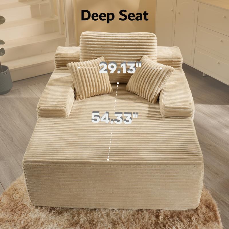 Ovios 49'' Boneless Chaise Lounge, Upholstered Sofa Bed with Throw Pillows and Armrests, Indoor Sleeper Chair- Luxurious Plush Corduroy Chair Bed for Living Room - No Assembly Required