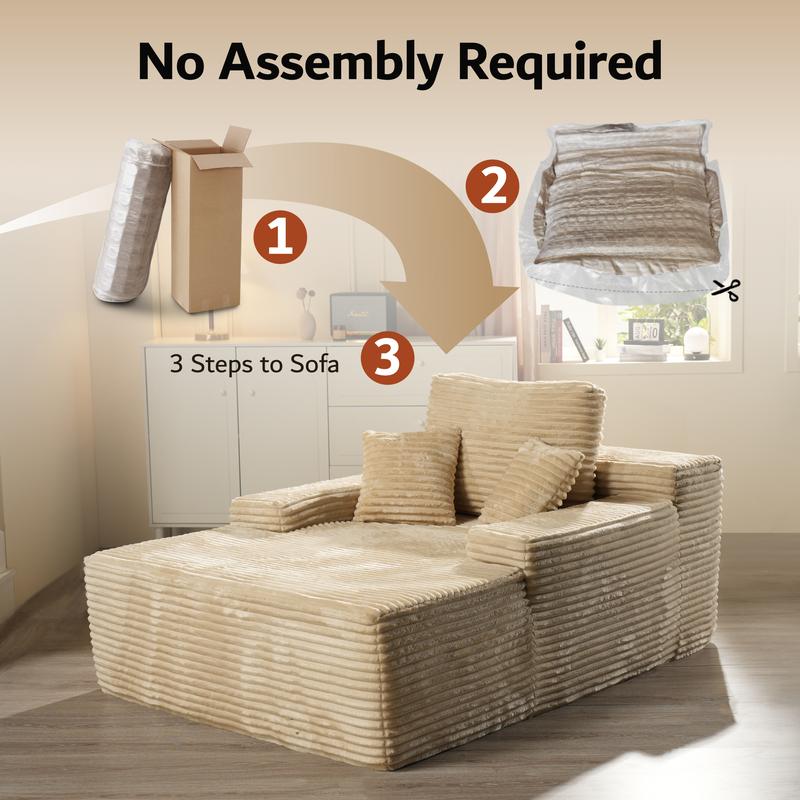 Ovios 49'' Boneless Chaise Lounge, Upholstered Sofa Bed with Throw Pillows and Armrests, Indoor Sleeper Chair- Luxurious Plush Corduroy Chair Bed for Living Room - No Assembly Required