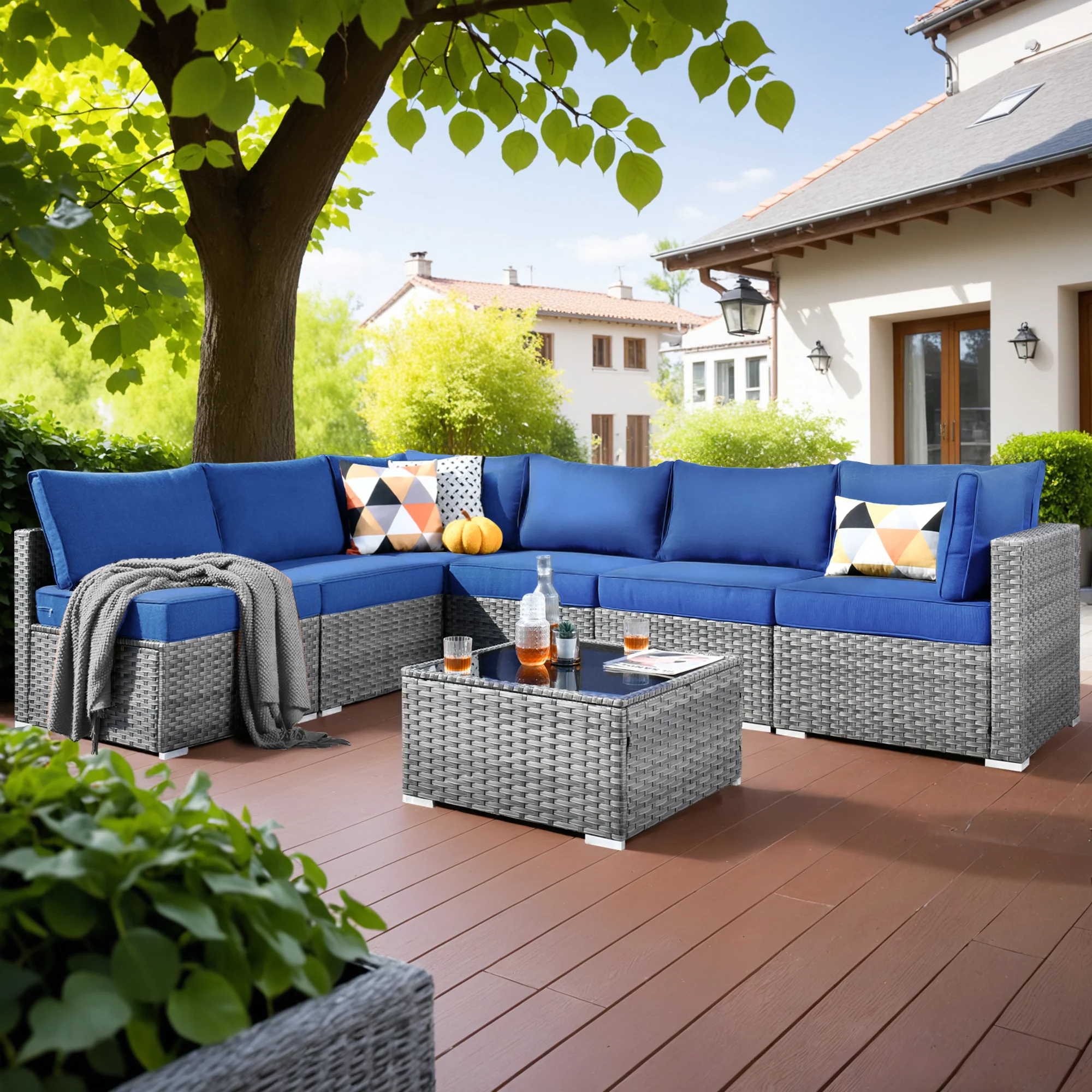 Ovios Outdoor Sectional Furniture 7-Piece with Cushions and Table