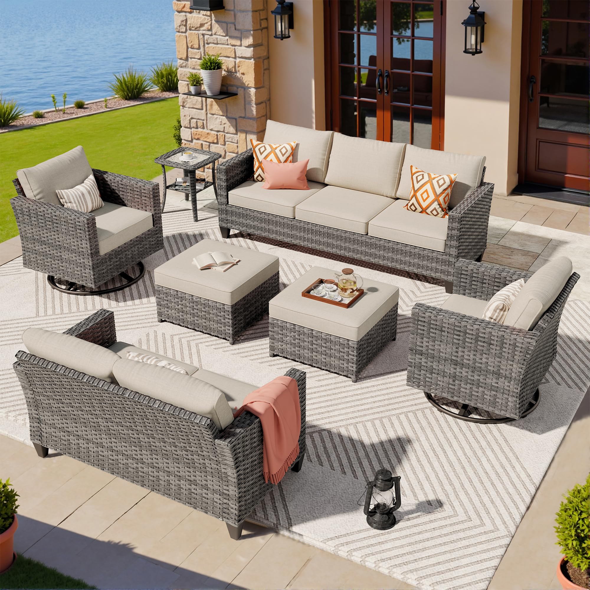 Ovios 7 Pieces Patio Furniture Set, Outdoor Wicker Sofa with Rocking Swivel Chairs