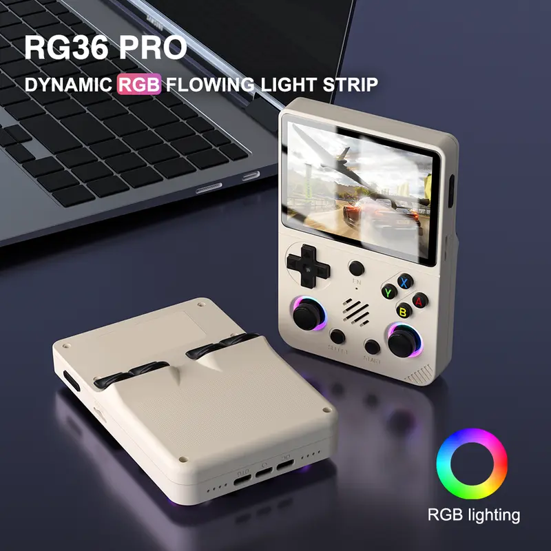 RG36 Pro (luz RGB) consola de videojuegos retro portátil, más de 20000 juegos, sistema Linux, pantalla IPS de 3,5 inch, consola de videojuegos portátil de bolsillo, inalámbrica, recargable para el hogar, dispositivo de carga