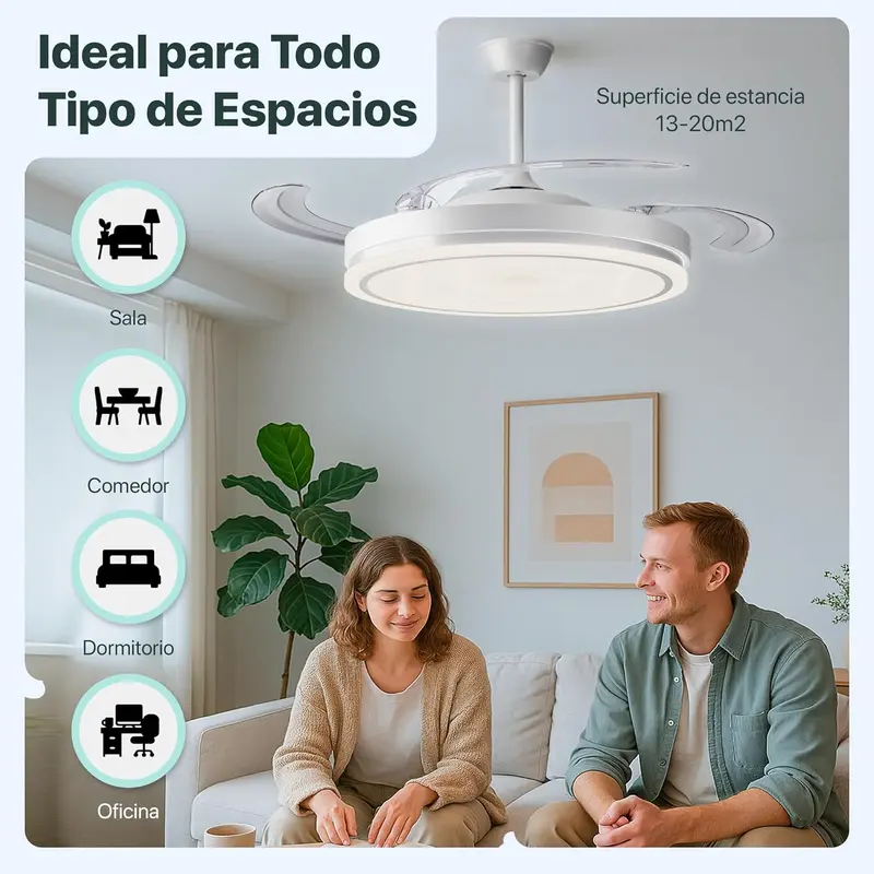 Ventilador De Techo Con Luz Led En Techo Dc Led Atenuable Retractil 4 Aspas Blanco 107 D- Opción Sin Pitido, Temporizador, Control Invierno Verano, 3 Tonos, Modo Brisa, Bajo Consumo