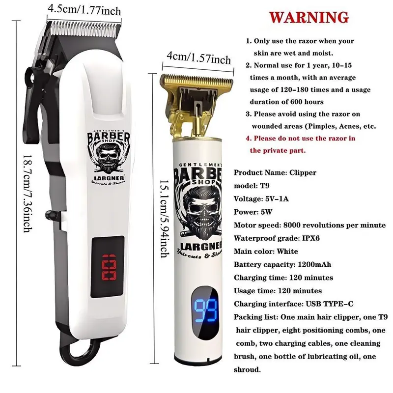 LARGNER-cortadora de pelo profesional para hombre, Kits y juegos de afeitadoras eléctricas, cuchillas en T de cerámica, para peluquero, para regalos (blanco)